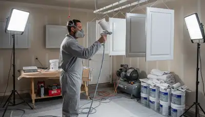 Professional cabinet painting process with spray finish transforming El Paso TX kitchen cabinets