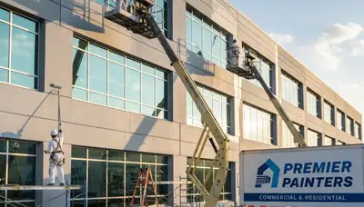 Professional commercial painters coating stucco business exterior in El Paso, TX