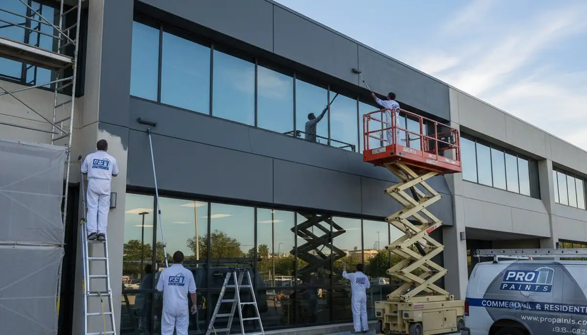 Professional commercial painters in El Paso, TX applying durable exterior paint to a stucco business building
