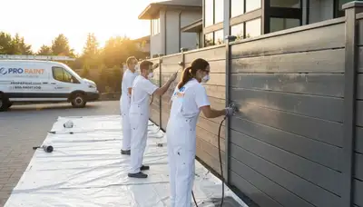 Professional fence painters applying protective coating in El Paso, TX backyard