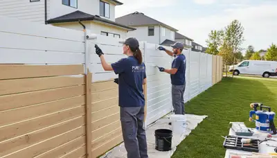Professional fence painters coating wood fence in El Paso, TX for durable sun-resistant finish