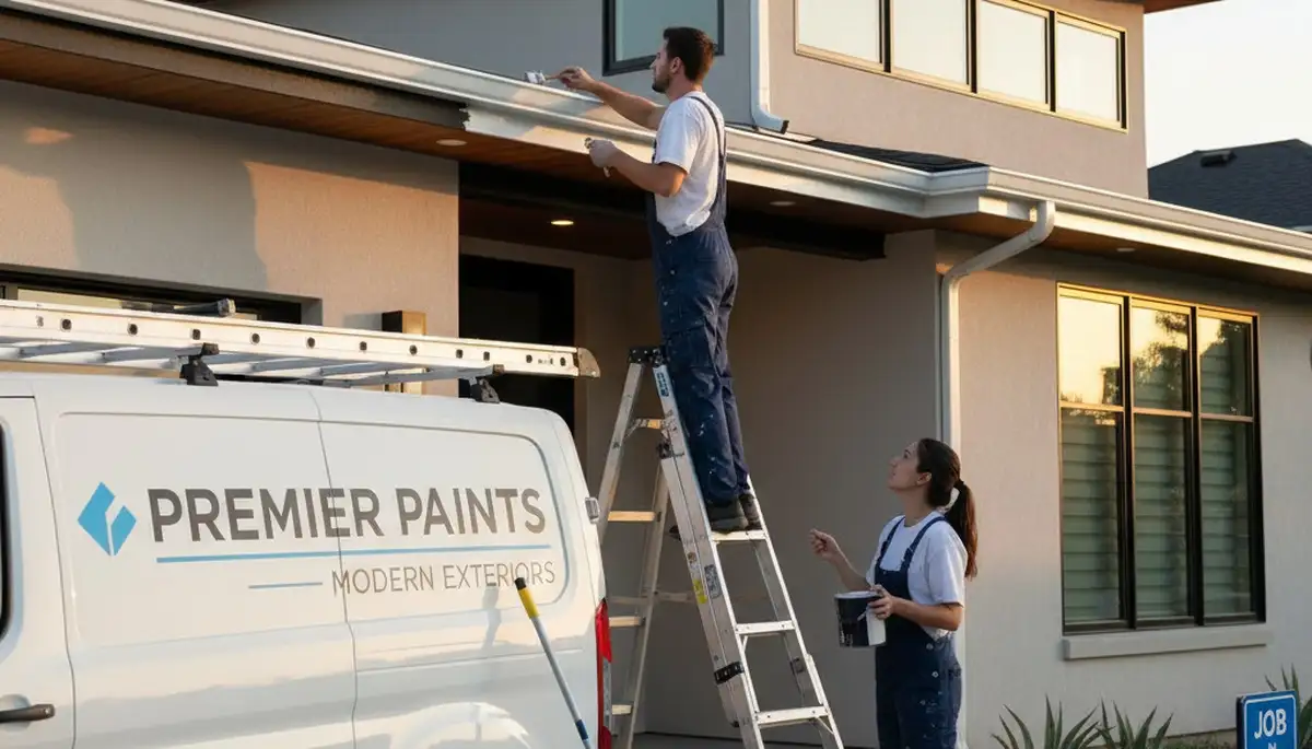Professional painter applying UV-resistant coating to house gutters in El Paso, TX