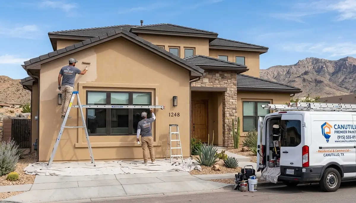 Professional house painters in El Paso TX applying fresh exterior paint to a residential home