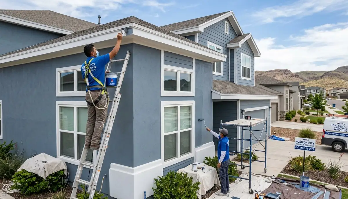 Professional house painters completing exterior home painting project in El Paso, TX