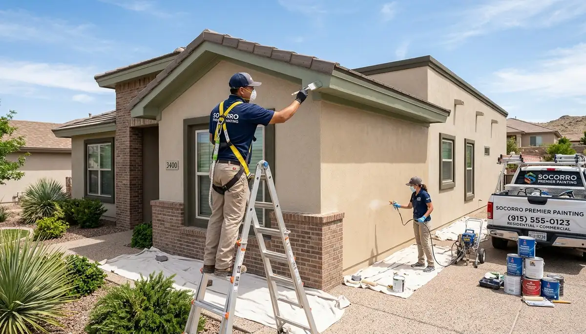 Professional house painters in El Paso TX applying exterior paint to a residential home