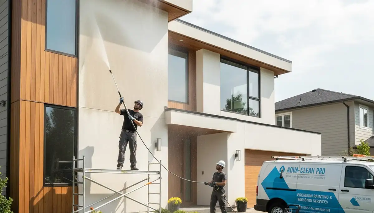 Professional pressure washing home exterior removing desert dust in El Paso, TX