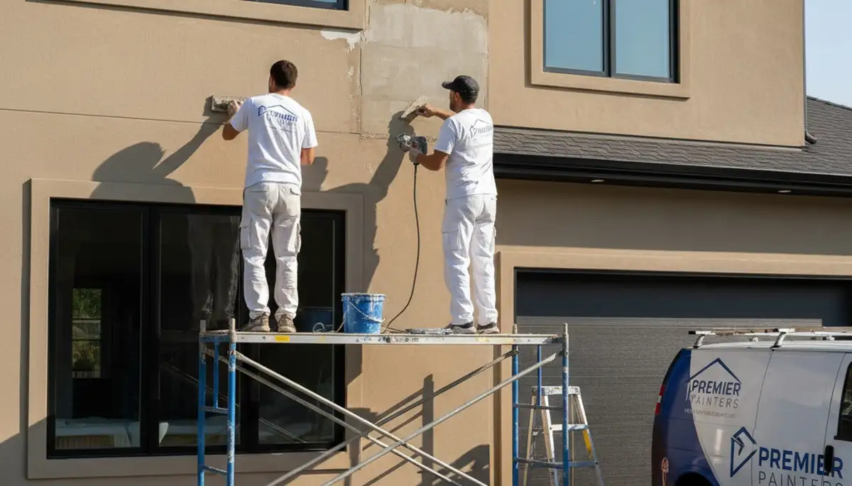 Professional stucco repair on El Paso TX home exterior by expert house painters restoring surface cracks