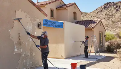 Painters prepping exterior walls for new paint in El Paso, TX, ensuring smooth, lasting finish