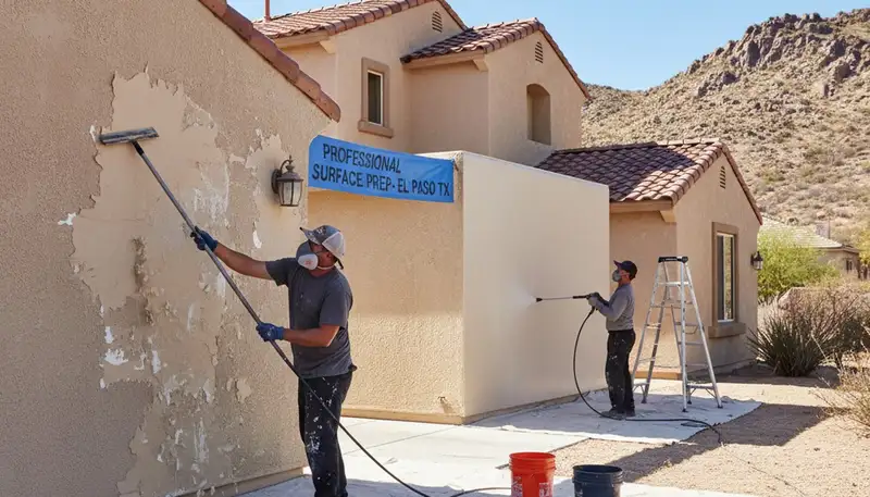 Painters prepping exterior walls for new paint in El Paso, TX, ensuring smooth, lasting finish