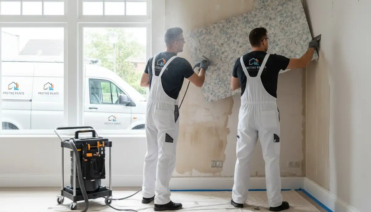 Professional wallpaper removal service in El Paso TX preparing stucco walls for painting